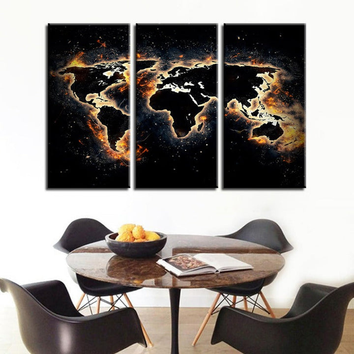 Fire and Black World Map-Canvas Wall Art Painting 3 Pieces | Bowlift