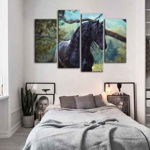 4 Piece Black Horse In Forest - Canvas Wall Art Painting | Bowlift
