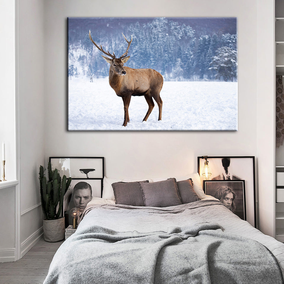 Snowy Landscape Deer - Canvas Wall Art Painting | Bowlift