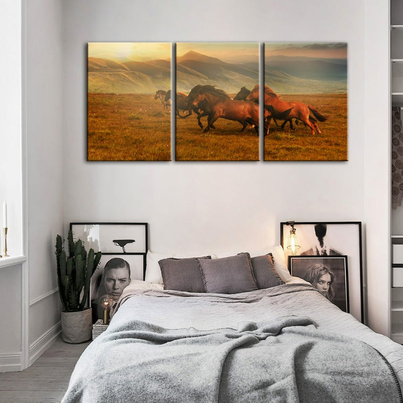 Running Horses With Beautiful Landscape-Canvas Wall Art Painting 3 Pieces | Bowlift