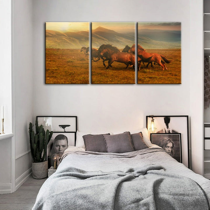 Running Horses With Beautiful Landscape-Canvas Wall Art Painting 3 Pieces | Bowlift