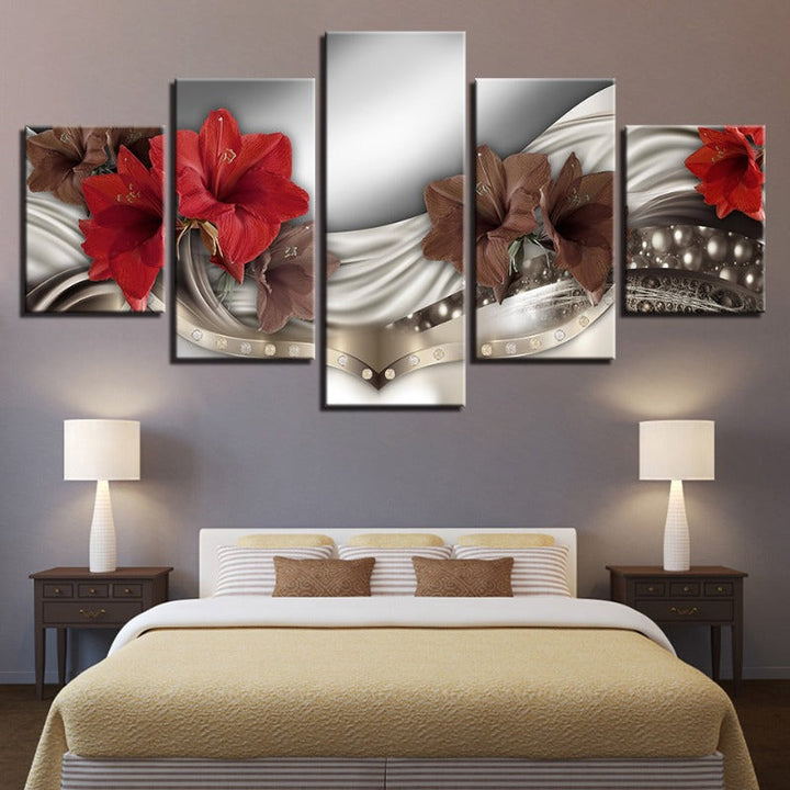 5 Piece Brown & Red Hibiscus Flower - Canvas Wall Art Painting | Bowlift