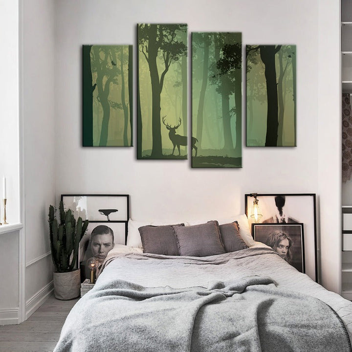 4 Piece Enchanted Green Toned Silhouetted Deer - Canvas Wall Art Painting | Bowlift