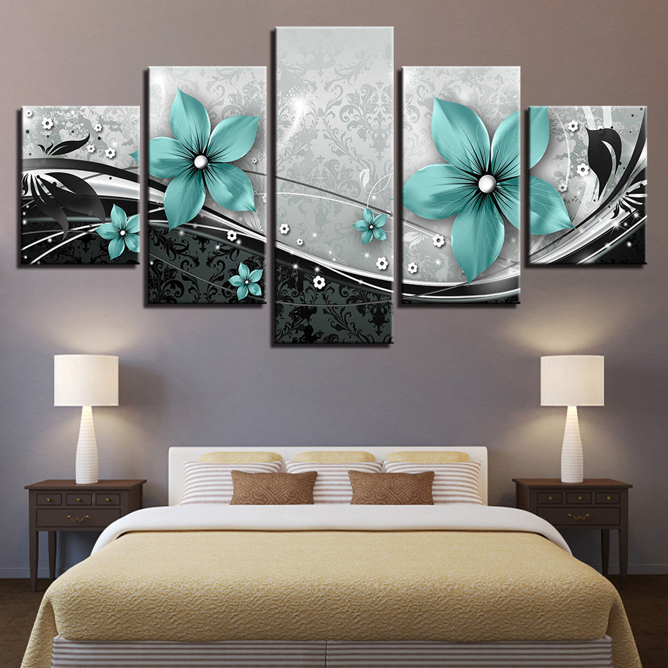 Ornate Blue Flowers 5 Piece - Canvas Wall Art Painting | Bowlift