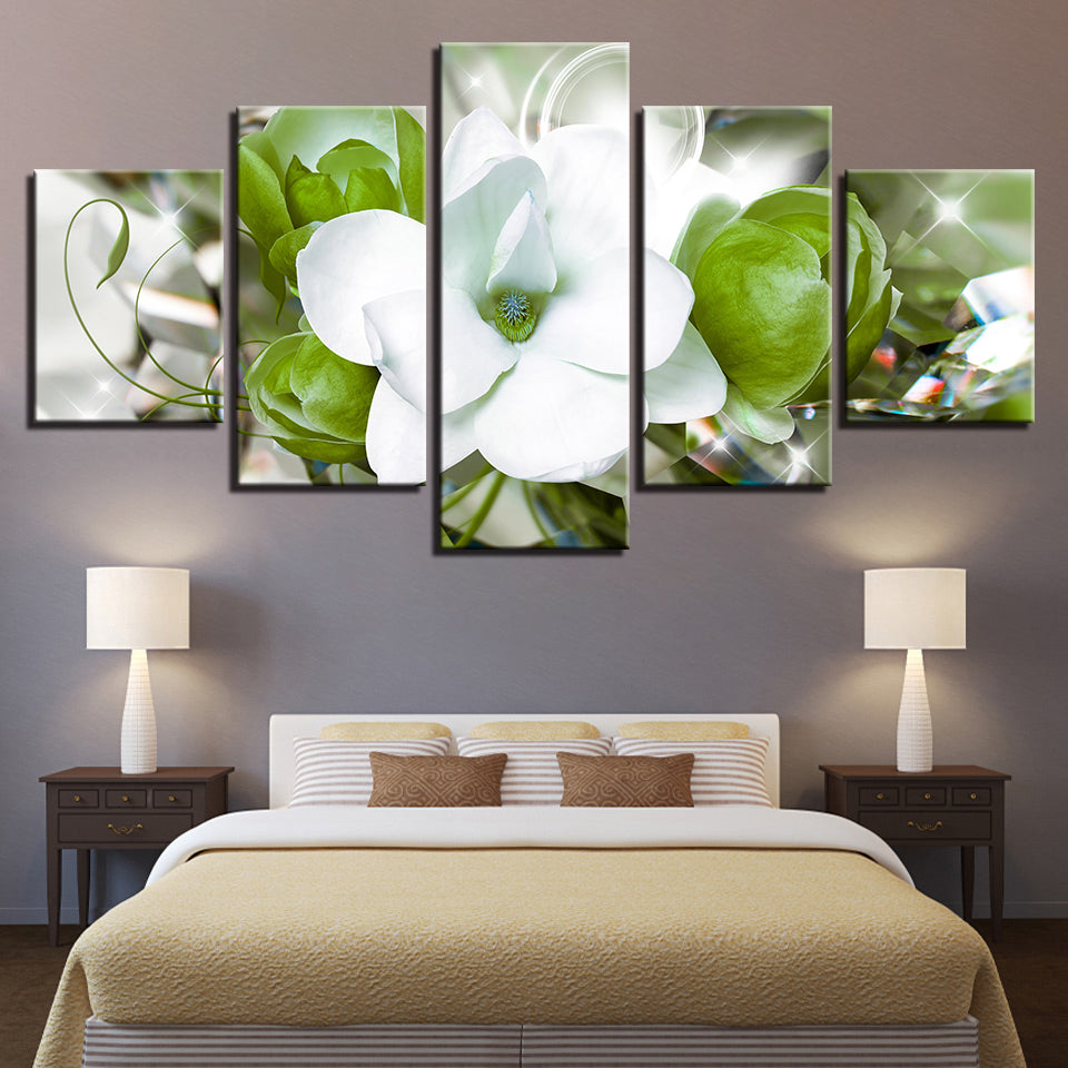 Delicate White and Green Flowers 5 Piece - Canvas Wall Art Painting | Bowlift