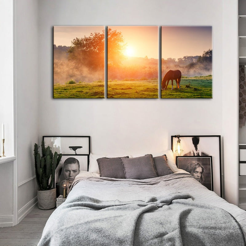 Sunrise Grazing Horse-Canvas Wall Art Painting 3 Pieces | Bowlift