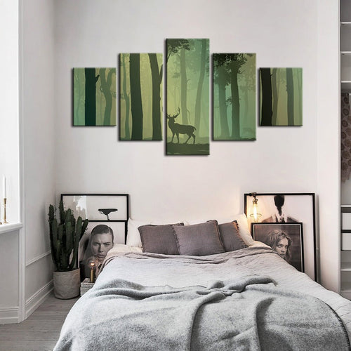 5 Piece Enchanted Green Silhouetted Deer - Canvas Wall Art Painting | Bowlift