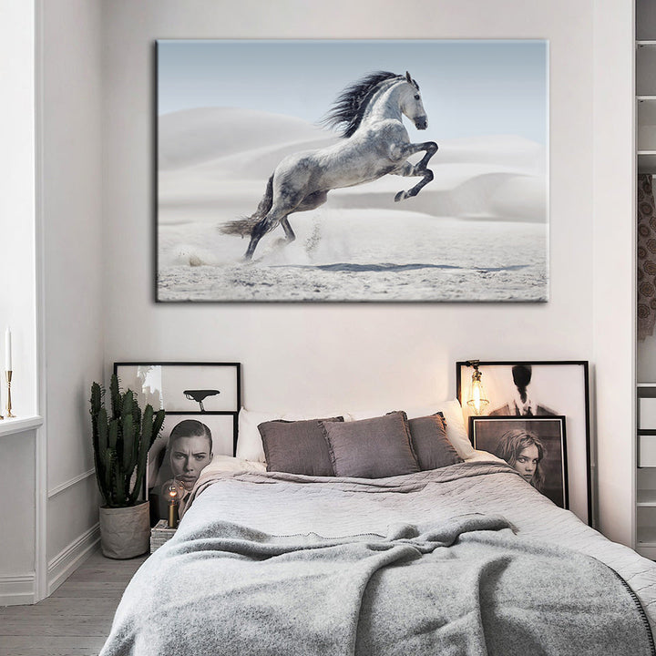 Jumping White Horse - Canvas Wall Art Painting | Bowlift