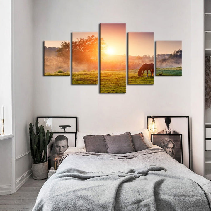 5 Piece Sunrise Grazing Horse - Canvas Wall Art Painting | Bowlift