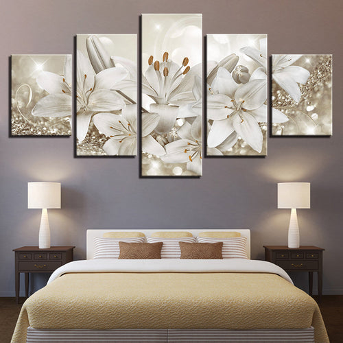 Glittering White Lilies 5 Piece - Canvas Wall Art Painting | Bowlift