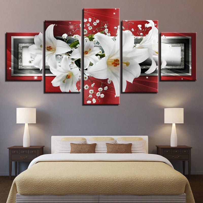 5 Piece Red Background White Tulip Flower - Canvas Wall Art Painting | Bowlift