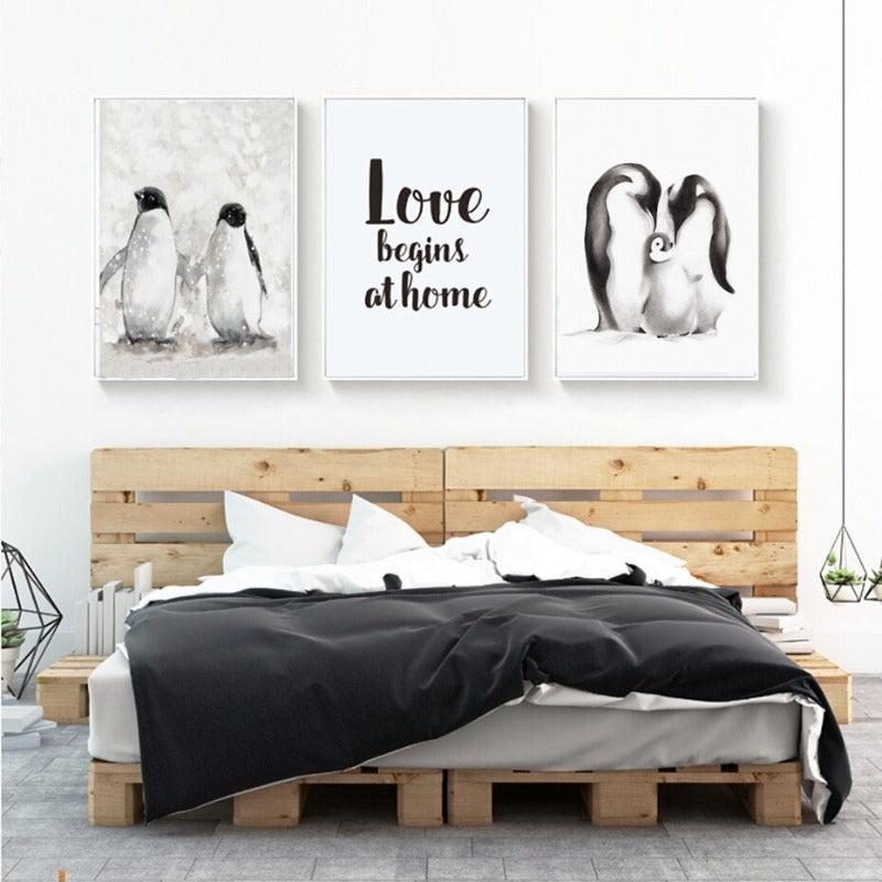 Modern Penguin Family Love - Canvas Wall Art Painting | Bowlift