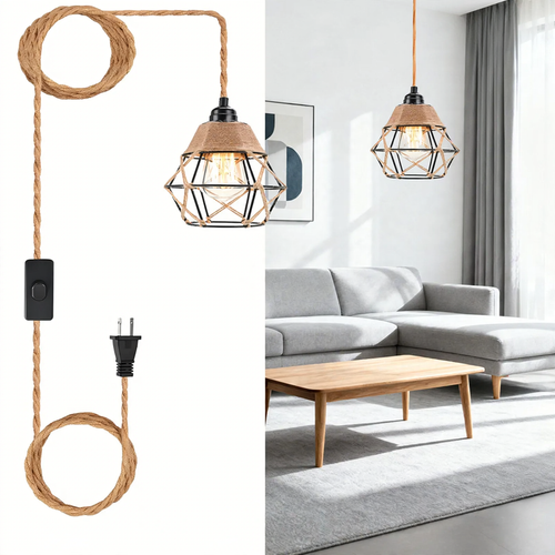Industrial pendant light with hemp rope