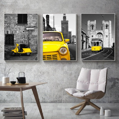 Vintage Yellow City Bus Scene - Canvas Wall Art Painting | Bowlift
