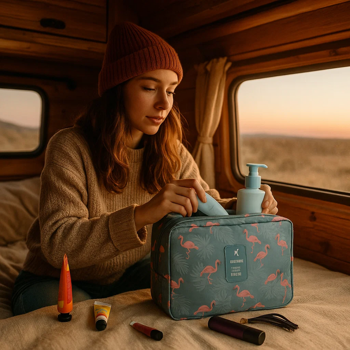 TravelEase – Water-repellent cosmetic bag with hook and compartments | Travel toiletry bag | Bowlift