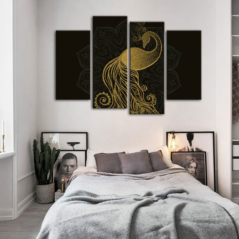 Abstract Golden Mandala Peacock-Canvas Wall Art Painting 4 Pieces | Bowlift