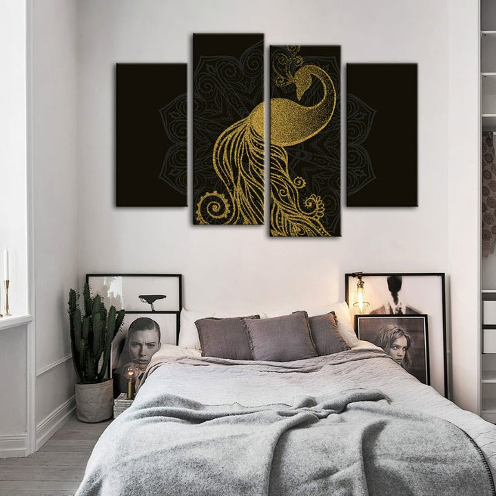 Abstract Golden Mandala Peacock-Canvas Wall Art Painting 4 Pieces | Bowlift