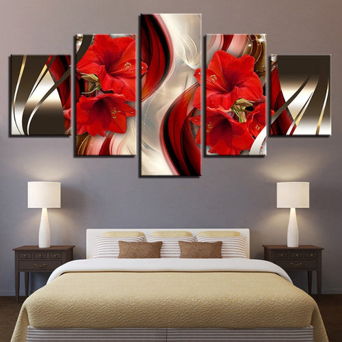 5 Piece Black Background Red Hibiscus Flower - Canvas Wall Art Painting | Bowlift