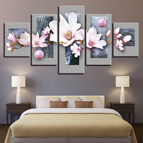 5 Piece Blue Wooden Background Pink Hue Flower - Canvas Wall Art Painting | Bowlift