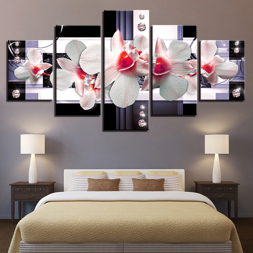Delicate Pink Centered Orchids 5 Piece - Canvas Wall Art Painting | Bowlift