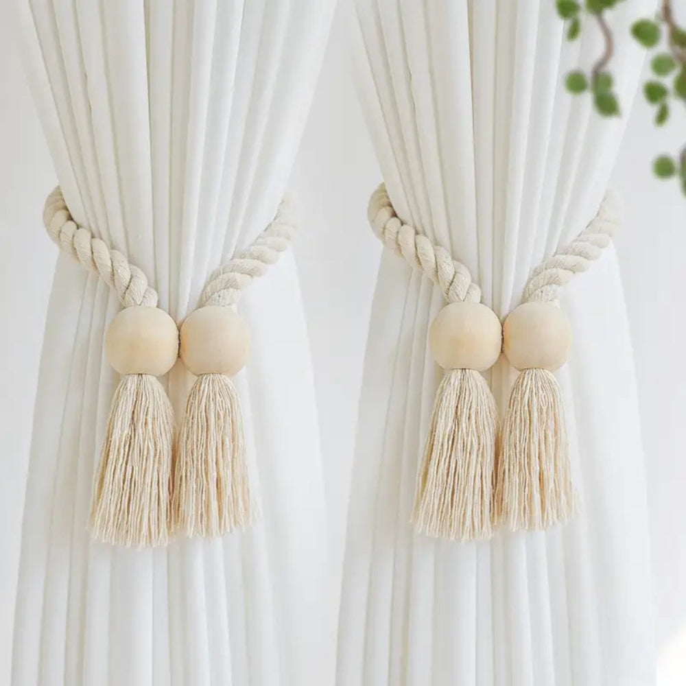 BowLift | Wooden Bead Tassel Curtain Tie Back | 2Pcs Set