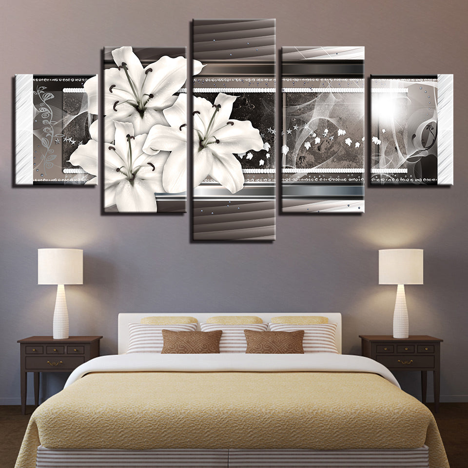 Grayscale White Lilies 5 Piece - Canvas Wall Art Painting | Bowlift