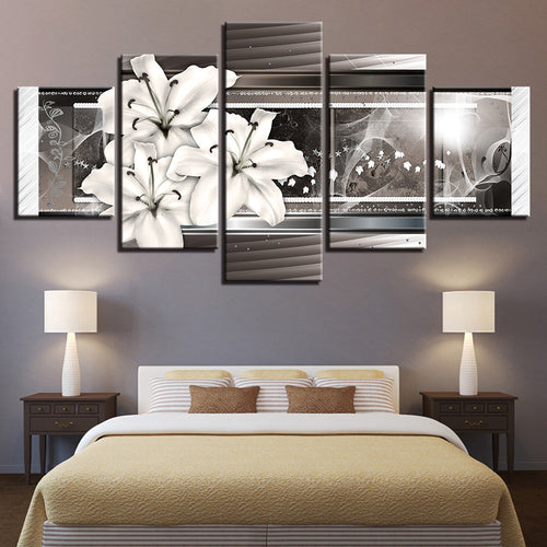 Grayscale White Lilies 5 Piece - Canvas Wall Art Painting | Bowlift