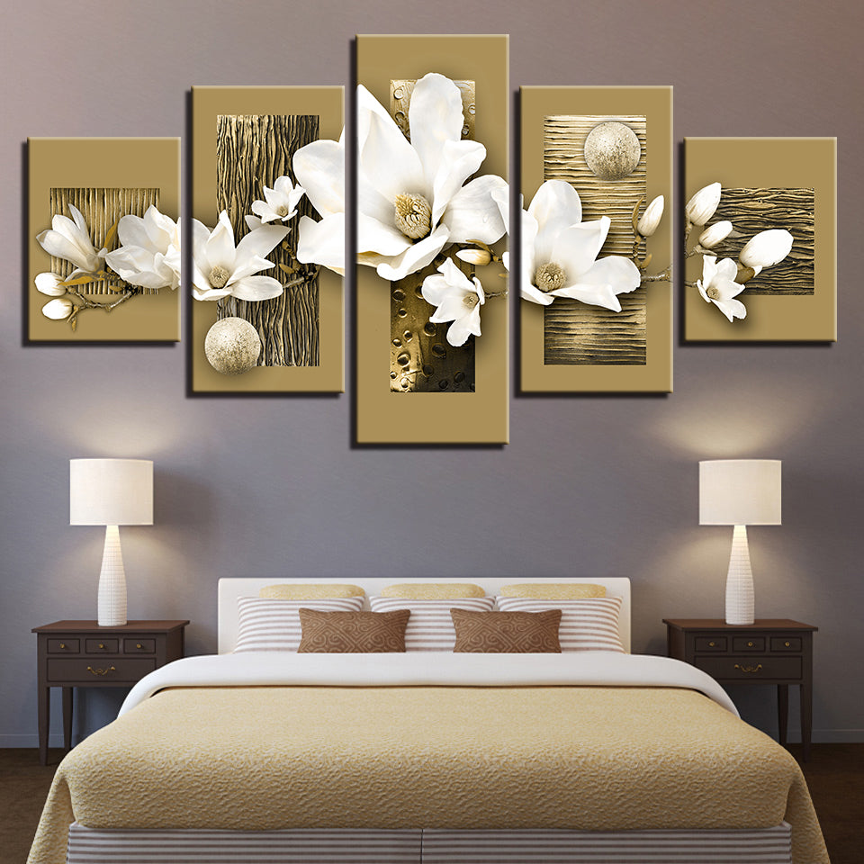 Golden Accents And White Magnolias 5 Piece - Canvas Wall Art Painting | Bowlift