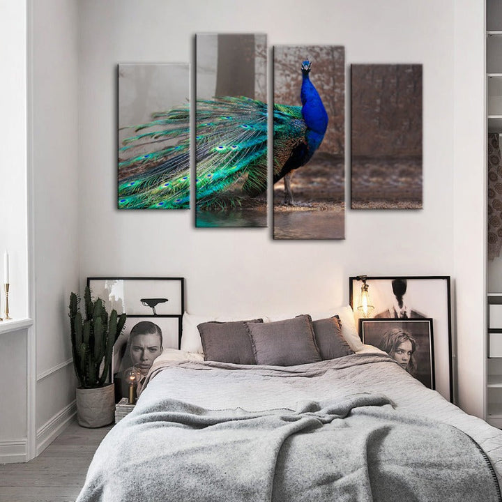 4 Piece Vivid Peacock by the Pond - Canvas Wall Art Painting | Bowlift