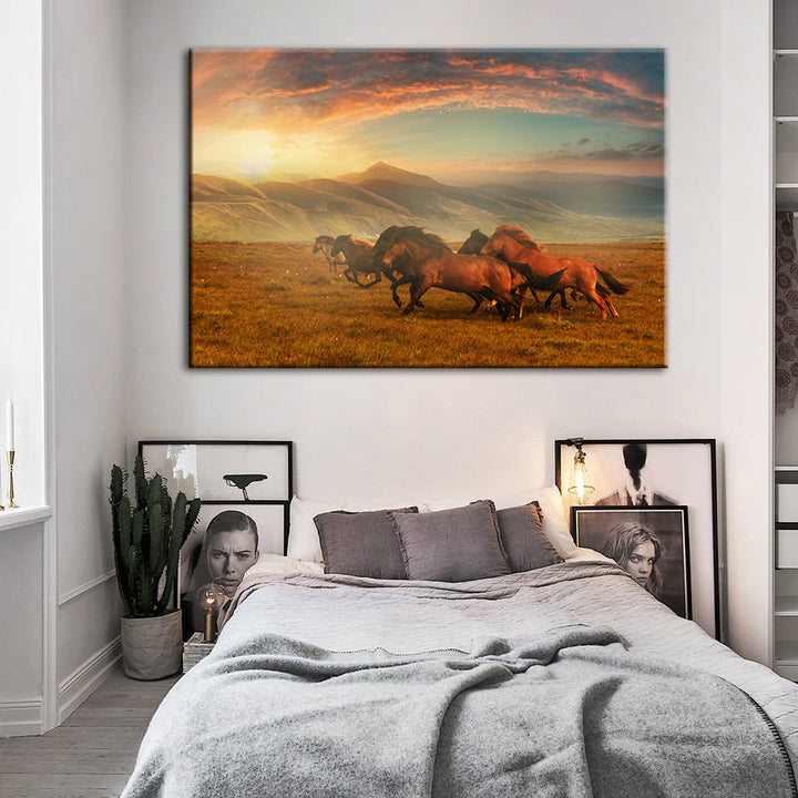 Running Horses With Beautiful Landscape - Canvas Wall Art Painting | Bowlift