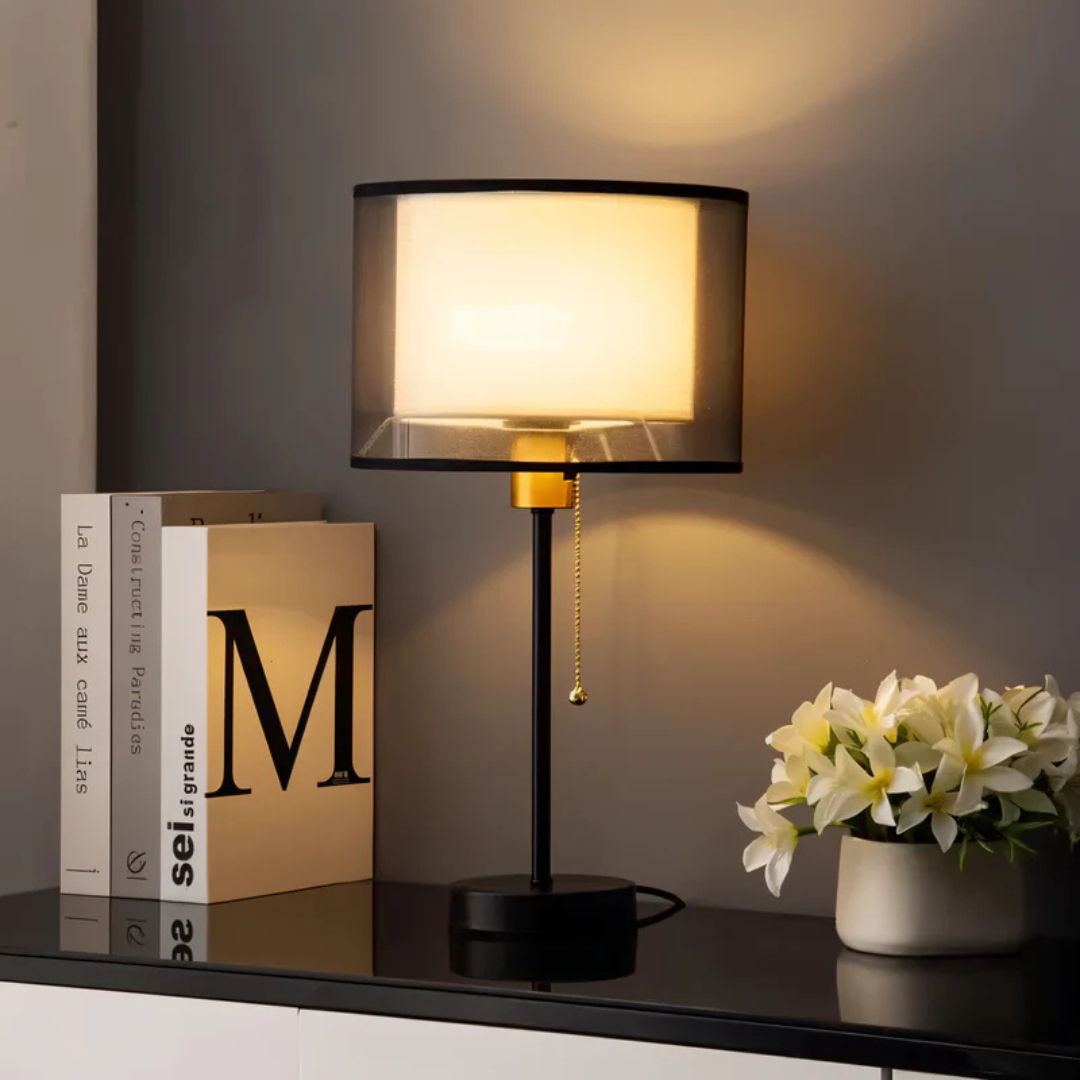 BowLift | Lumis – Vintage Table Lamp with Double Fabric Shade | Warm Ambient Lighting for Bedroom or Living Room