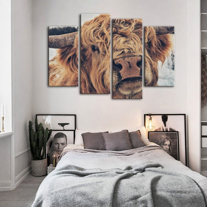 4 Piece Close Up Brown Cow - Canvas Wall Art Painting | Bowlift