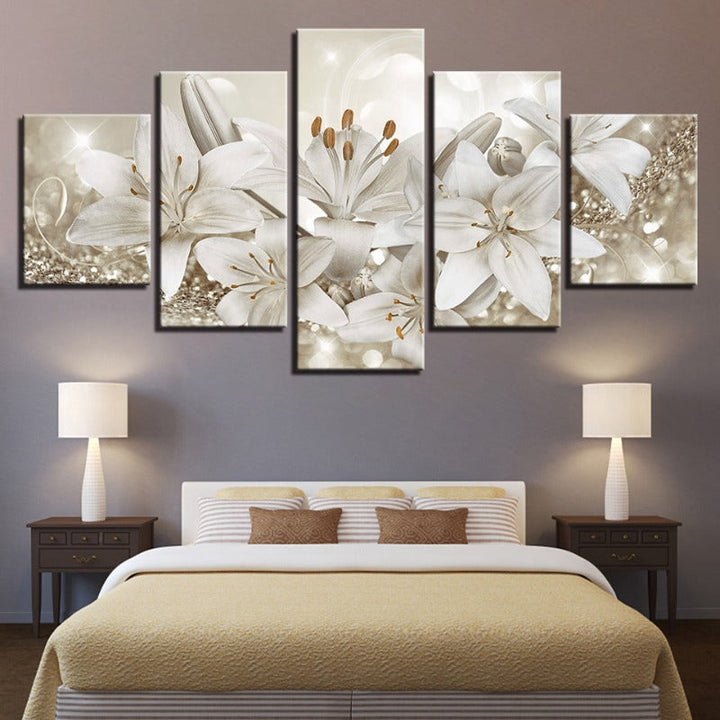 5 Piece Golden & White Background Flower - Canvas Wall Art Painting | Bowlift