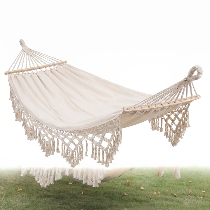 BowLift | 200x150cm Double Outdoor Camping Fringe Canvas Hammock with Pole (White)