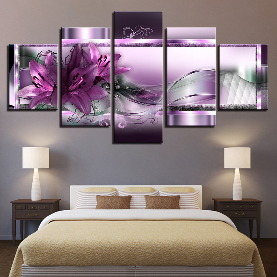 Mystical Deep Purple Lilies 5 Piece - Canvas Wall Art Painting | Bowlift
