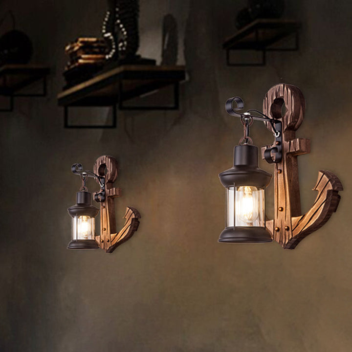 Rustic wood anchor wall lamp with lantern Bowlift