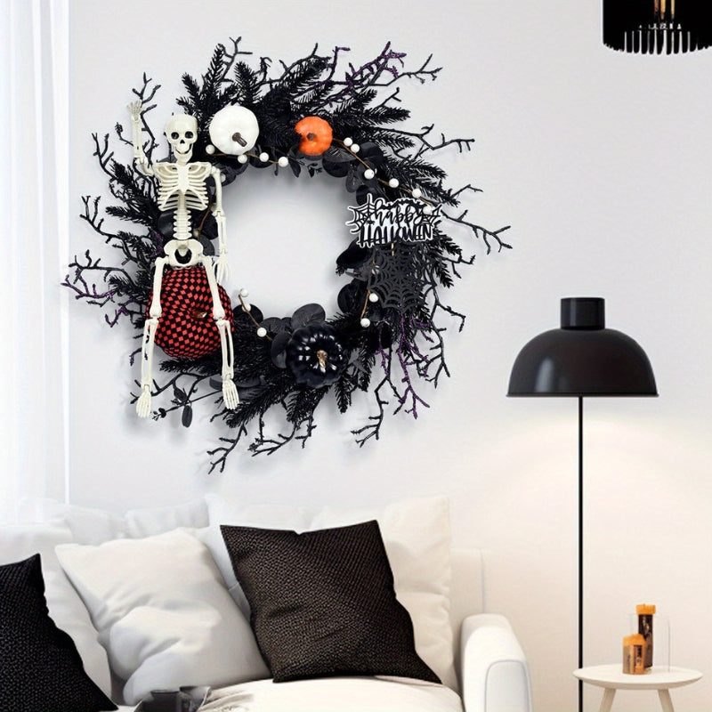 BowLift | Halloween Door Wreath with Skeleton and Pumpkin – Atmospheric Seasonal Decoration