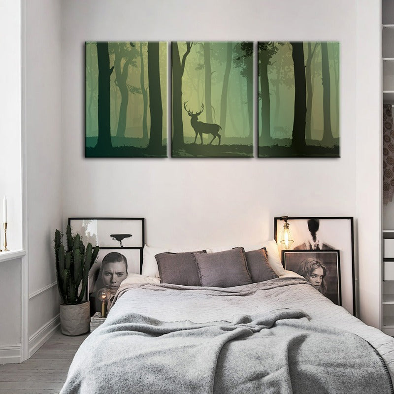 Enchanted Green Toned Silhouetted Deer-Canvas Wall Art Painting 3 Pieces | Bowlift