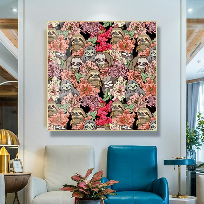 Many Sloths Abstract Animal Plants - Canvas Wall Art Painting | Bowlift