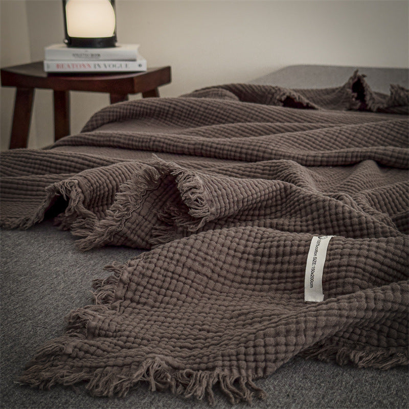 Cotton gauze blanket with tassels, four-layered