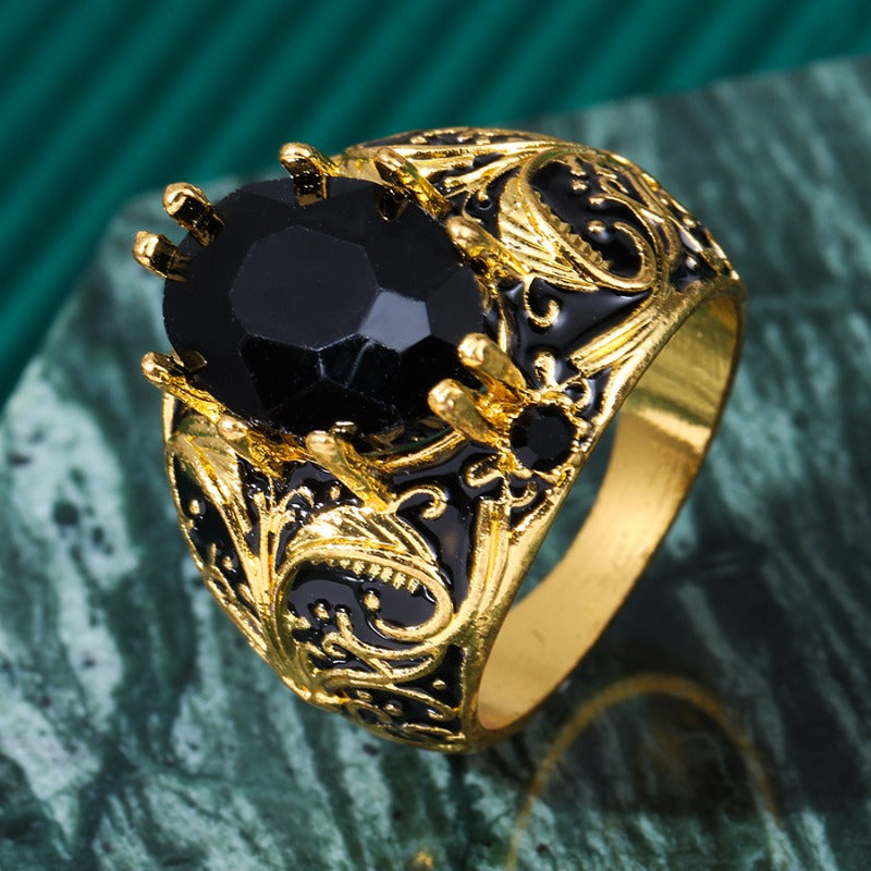 Engraved Mens Black Stone Ring Bowlift