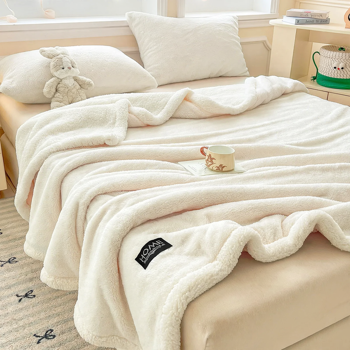 Double-layer, warming cuddly blanket with lamb fleece look
