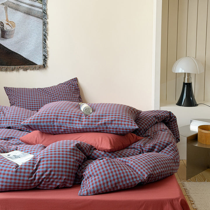 Washed cotton bedding, 4-piece, checkered