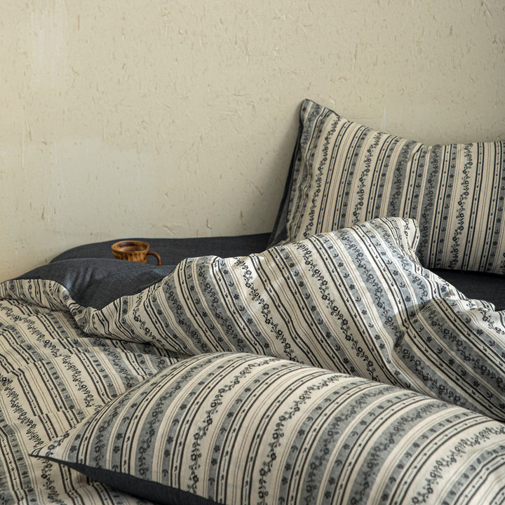 Cotton-linen bedding set, 4-piece, vintage design