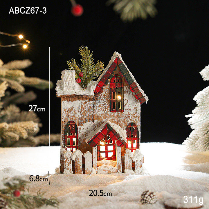 Illuminated wooden snow house in European style
