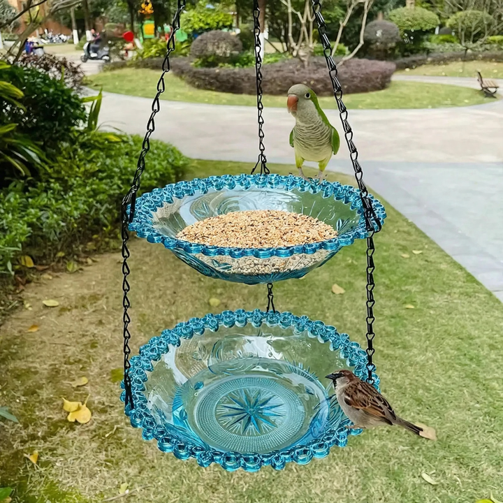 Hanging bird bath and feeding station