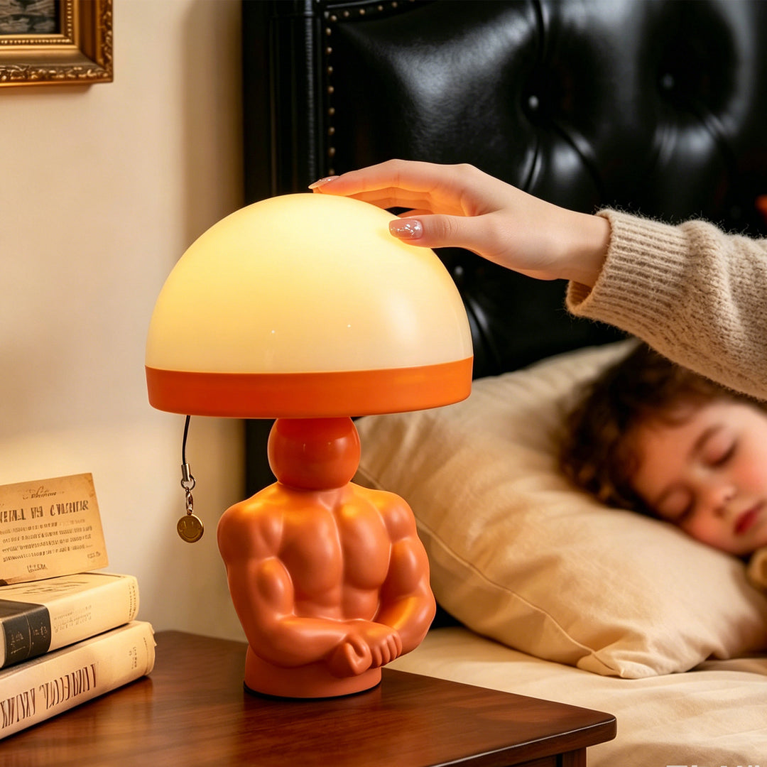Mushroom table lamp with muscle figure