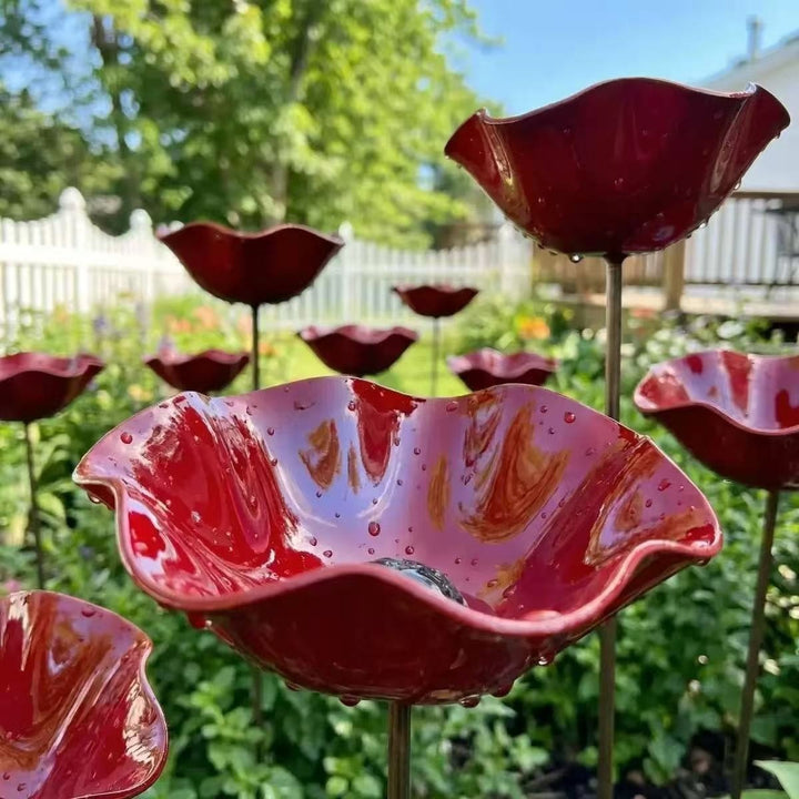 Decorative metal bird bath with ground stake