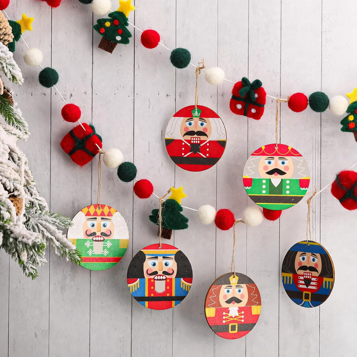 Nutcracker Wood Ornament, Round, Set of 6