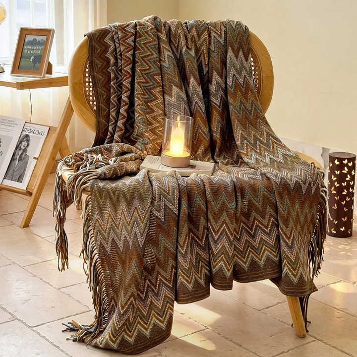Boho-Wool Blanket, Geometric Pattern, with Fringes